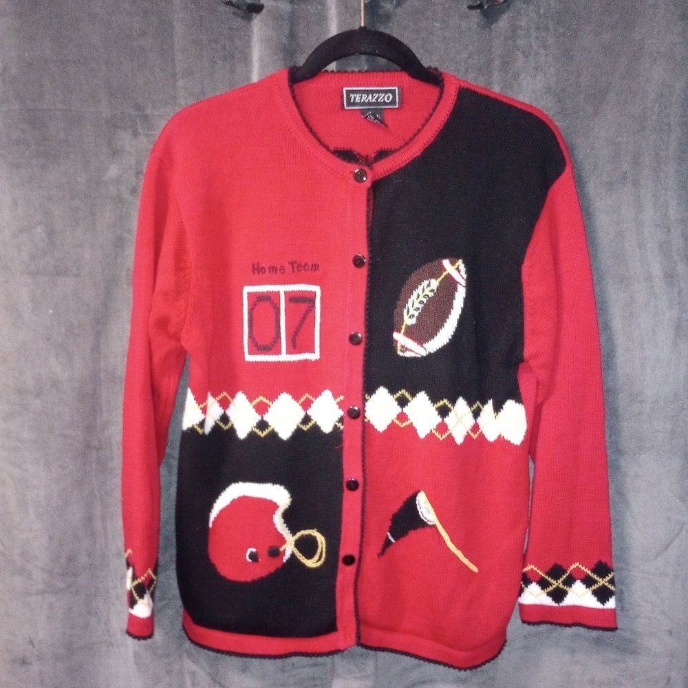 Vintage Terazzo Red & Black Football Sweater Size Large EUC P2P 22 Length 24